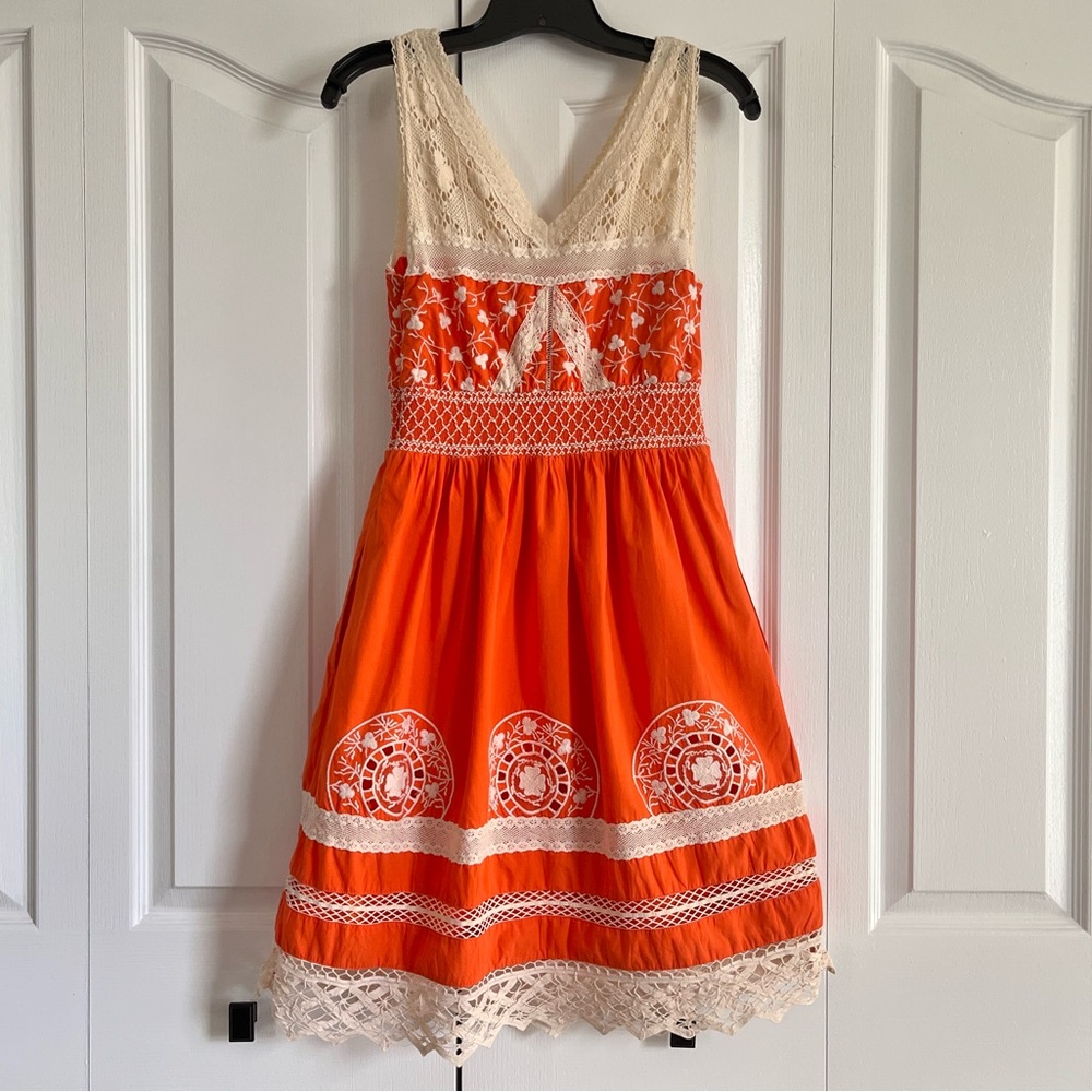 Anthropologie Moulinette Soeurs Orange Cream embroidered Sundress Sleeveless 6 - Picture 3 of 11